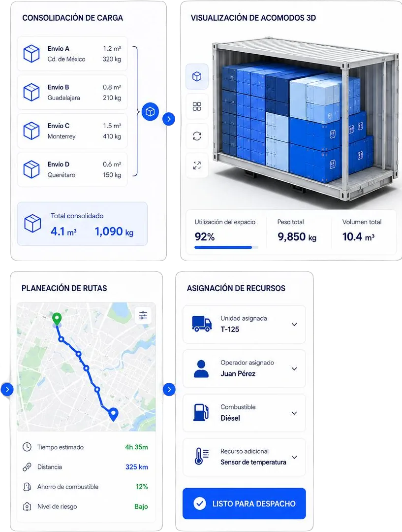 Consolidación de carga, acomodo 3D, ruta y asignación de recursos en Btrack