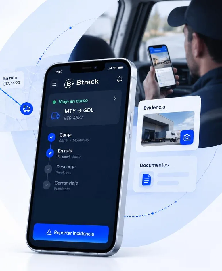 App de operadores de Btrack con el viaje en curso, etapas y evidencia