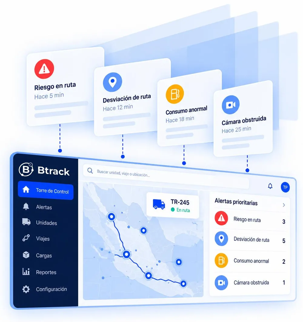 Tablero de torre de control de Btrack con alertas prioritarias sobre el mapa